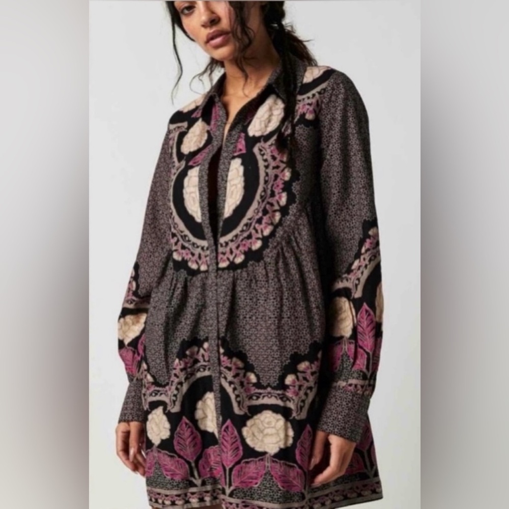 Free People Smell The Roses LS Mini Dress cotton lined pockets!